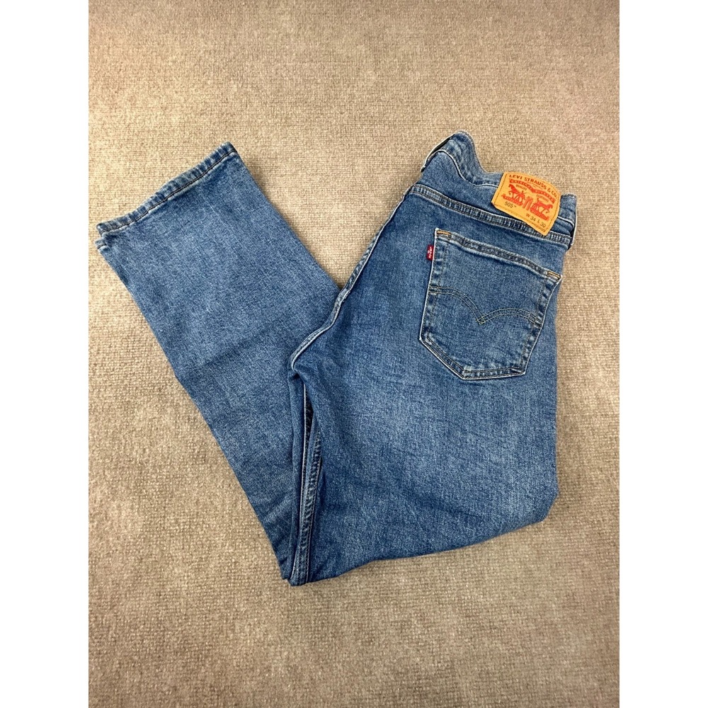 Levis 505 Jeans Mens 34x30 Blue Denim Cotton Stretch Mid Rise Logo Straight Leg